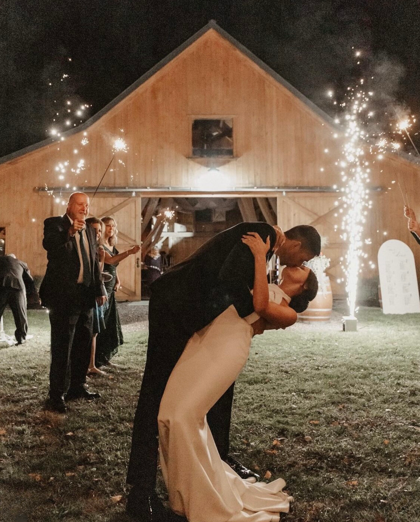 Guests holding sparklers on the dance floor during a Liquid Sound wedding production